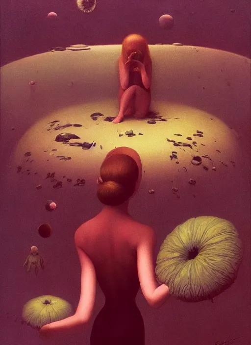 Image similar to She Eats Joyfully of the Suffocating Azure Fruit and Her spiderlike gossamer glistening polyp blossoms bring iridescent fungal flowers whose spores black the foolish glaring stars Edward Hopper and James Gilleard, Zdzislaw Beksinski, Mark Ryden, Wolfgang Lettl highly detailed