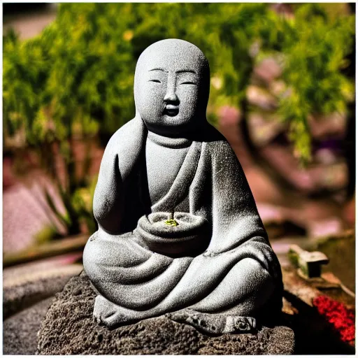 Prompt: photo of small jizo statue in a garden, high detail, cinematic, cute, beautiful lighting, 1 flower,