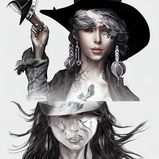 Image similar to beautiful cowboy witch, wild west, detailed, concept art, trending on artstation