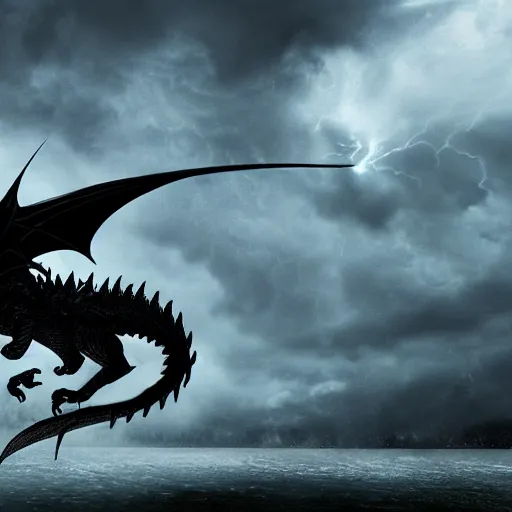 Image similar to dark dragon in a thunderstorm, epic scene, cinematic, ultra photorealistic, 8k,