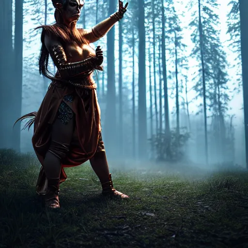 Image similar to highly detailed, ultra realistic, cinematic, woman full body with a copper nose and copper claws, high detail, 8 k, sharp focus, movie still, dramatic lighting, ray tracing, smooth, a female evil demonic character of kazakh mythology, jeztyrnak, standing in the night forrest