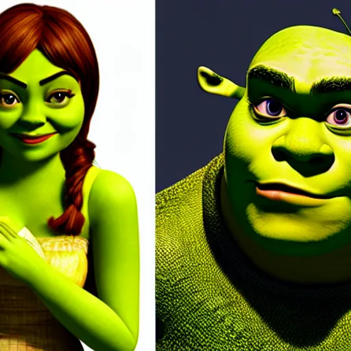 Image similar to Emma Stone as a female wife Shrek, Shrek face features, fully detailed, high quality , 4k , octane render , soft lightening , masterpiece