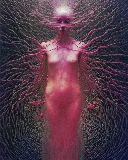 Prompt: portrait, descending into ethereal madness, flowers by wayne barlowe, toru kamei zdzisław beksinski, tanaka suguru, itsuko azuma, kinuko y. craft, mysterious, aesthetic!!! hyper detailed