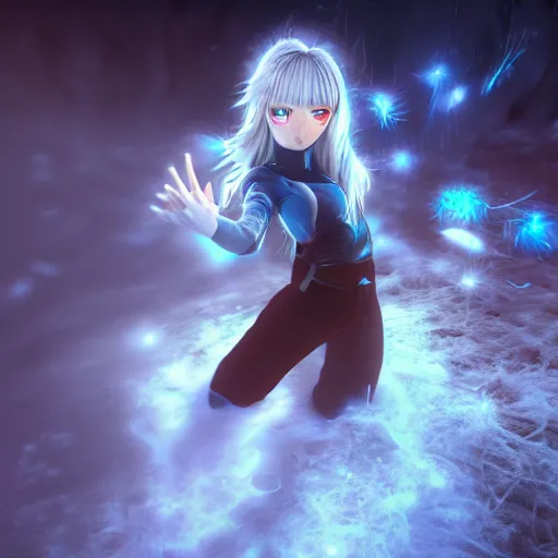 Image similar to photorealistic full shot of masterpiece angry anime girl, beautifull lovely eyes, posing, electric aura with particles, snowing frozen ice, darkness background, inspired by masami kurumada, akira toriyama, detailed, unreal engine 4 k, volumetric light, fog