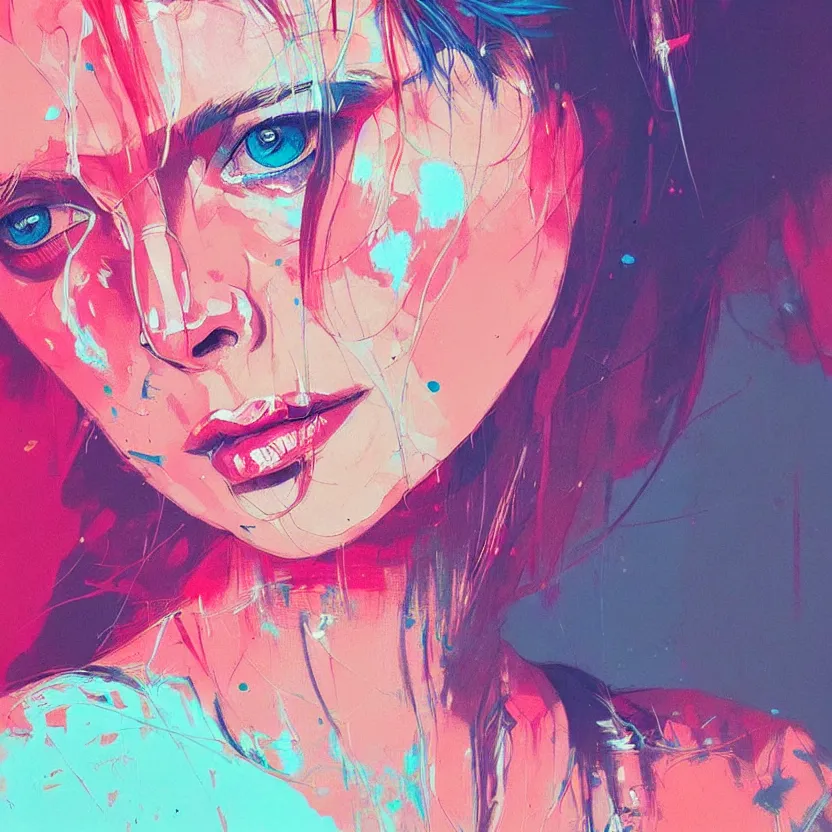 Image similar to close up portrait painting of a female in nineties street styling, concept art, intricate details, aesthetically pleasing pastel colors, art by conrad roset, impressionism, portrait