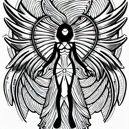 Image similar to biblically acurate angel, ophanim, thin linework, tattoo style, high resolution, lineart, vector, black and white image,