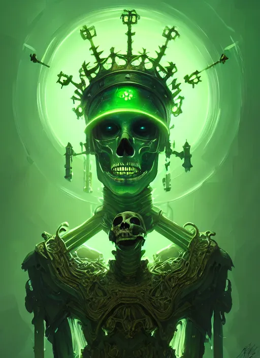 Prompt: portrait of a cyber skeleton, holding a glowing green crown of phantasmal swords, intricate, glowing lights, highly detailed, digital painting, artstation, concept art, smooth, sharp focus, illustration, art by wlop, mars ravelo and greg rutkowski