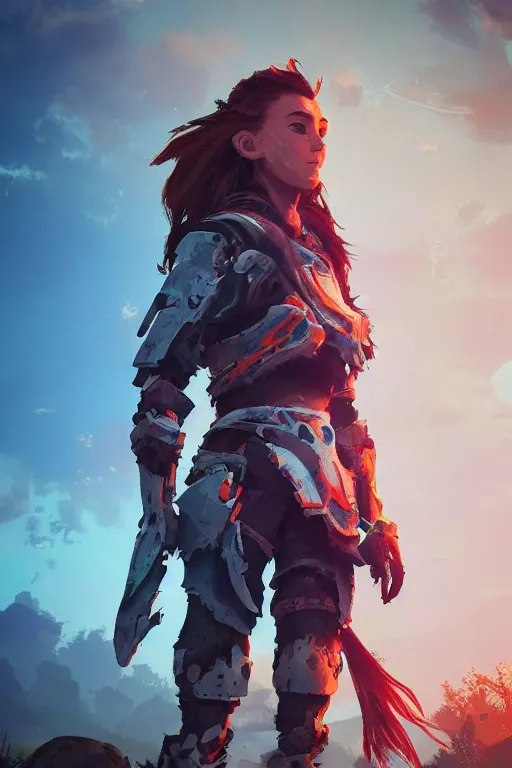 Image similar to combination suit armor aloy horizon forbidden west horizon zero dawn radiating a glowing aura global illumination ray tracing hdr fanart arstation by ian pesty and alena aenami artworks in 4 k tribal robot ninja mask helmet backpack