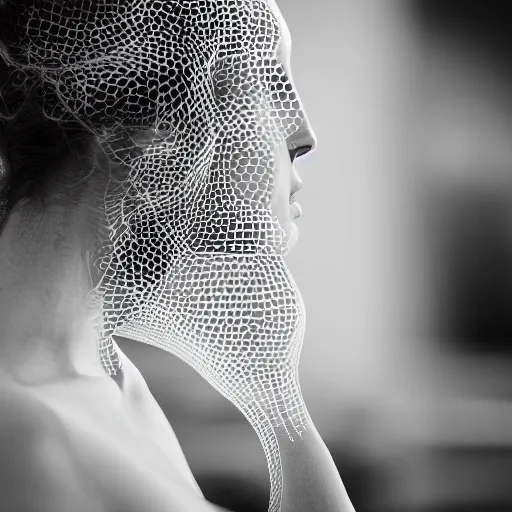 Image similar to a photo of a beautiful female made or of biomorphic honeycombs, 5 0 mm lens, f 1. 4, sharp focus, ethereal, emotionally evoking, head in focus, volumetric lighting, 8 k