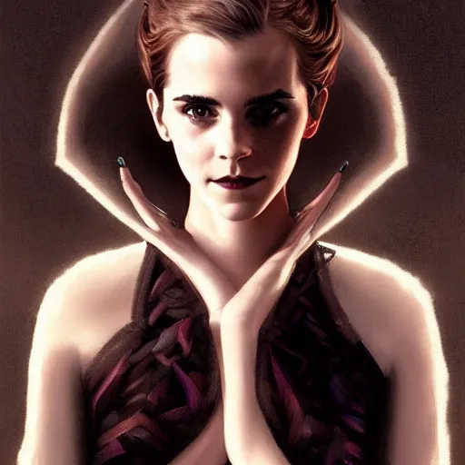 Image similar to portrait of emma watson in the style of gerald brom and mark brooks, cinematic lighting, epic, romantic, 8 k, detailed, coherent, beautiful