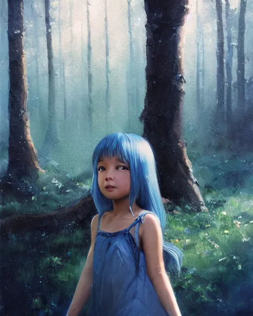 Prompt: a highly detailed oil painting of A little girl, in professional makeup, with medium length blue hair covering an eye, and a tall tree, and large obsidian crystals, cinematic lighting, dramatic atmosphere, by Dustin Nguyen, Akihiko Yoshida, Greg Tocchini, Greg Rutkowski, Cliff Chiang, 4k resolution, trending on artstation