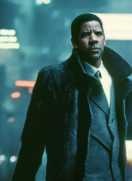 Prompt: a movie still of denzel washington in blade runner