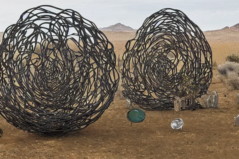 Prompt: surrealist metal sculptures by max ernst in a california desert landscape