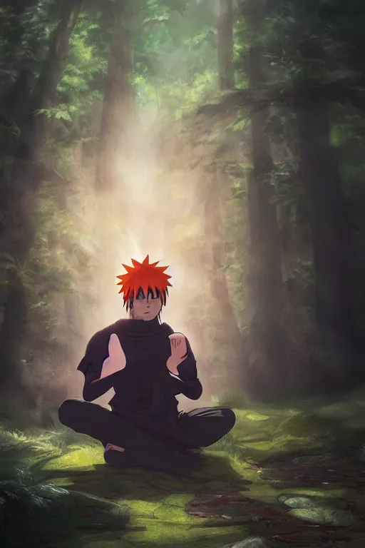 Image similar to photorealistic dark fantasy concept art of Naruto meditating in a forest, dynamic lighting, stunning visuals, realism, cinematic, hyper detailed, ultra detailed, beautiful visuals and sunset