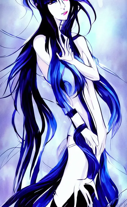 Image similar to ''female anime character with blue long hair, beautiful black and white dress, gorgeous girl, elegant, dynamic pose, character concept, digital art, watercolour, artstation, 4 k''