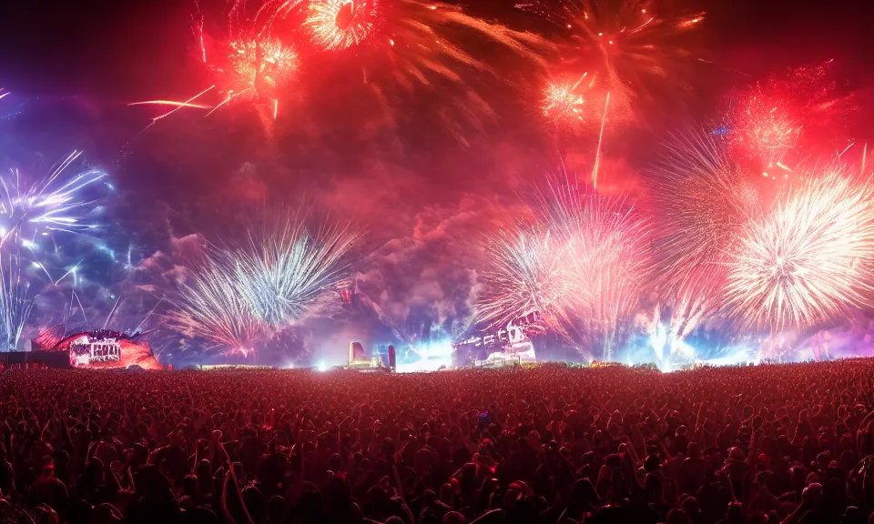 Image similar to outdoor epic festifal mainstage trash hybrid defqon 1 festival light beam lasers, firework, flamethrower, co2, crowd, octane render, 3d, unreal engine, highly detailed, 4k, 8k, HD