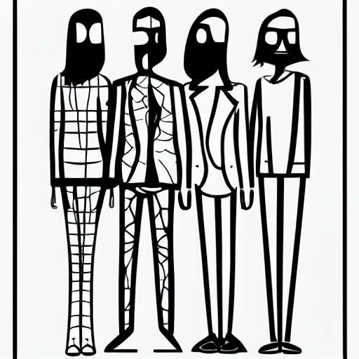 Prompt: simplified very stylistic modern vector drawings of tall people without faces, flat colors, modern - art - vector, adobe illustrator