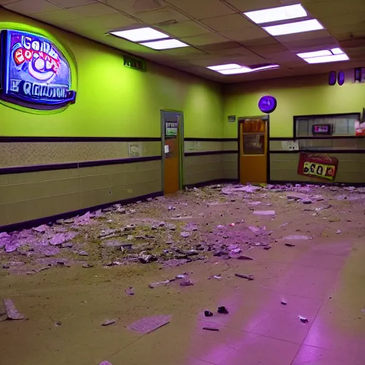 Image similar to photo of an abandoned Chuck E. Cheese, taken at night