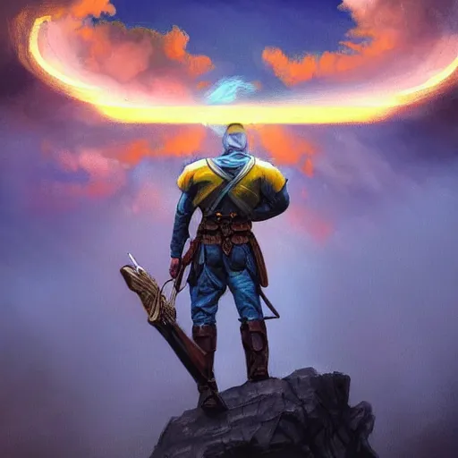 Image similar to a full body shot from distance of a great soldier with a yellow and blue flag standing in the beam of light from the clouds in a triumph after battle, western, masculine figure, D&D, fantasy, intricate, elegant, highly detailed, digital painting, artstation, concept art, matte, sharp focus, symmetrical, illustration, art by Artgerm and Greg Rutkowski and Alphonse Mucha