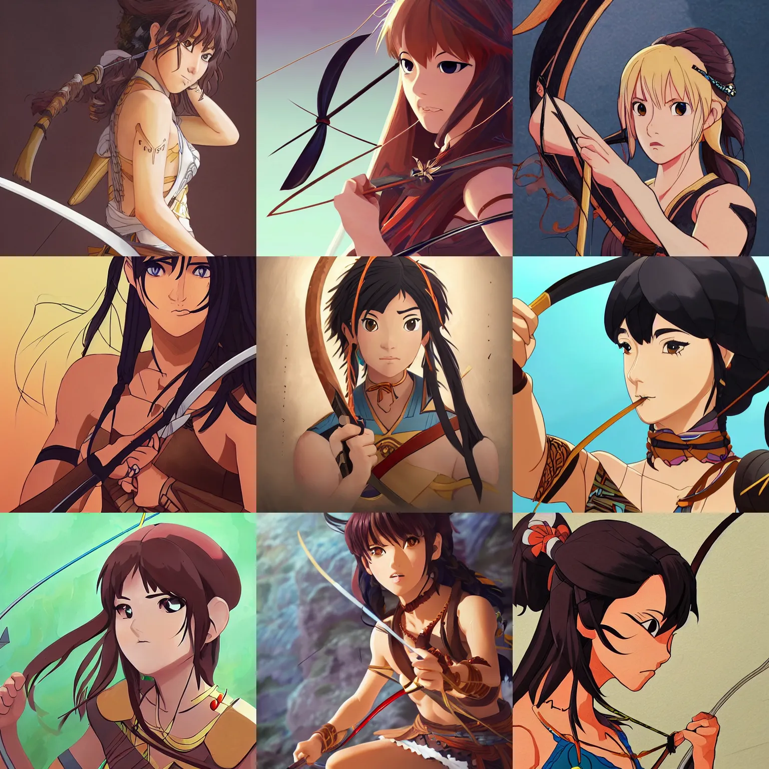 Prompt: Character portrait of an Amazon warrior drawing her bow, fantasy, beautiful face, highly detailed, cel shading, digital painting, anime key visual, Disney and Kyoto Animation, artwork by Makoto Shinkai and Hayao Miyazaki and Ilya Kuvshinov