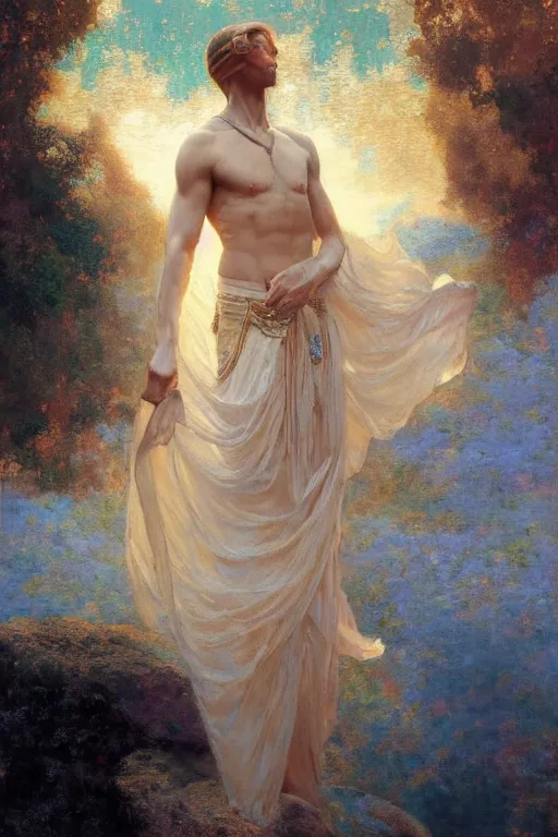 Image similar to full body portrait of a beautiful ethereal delicate mage king meditative pose, highly detailed painting by gaston bussiere, craig mullins, j. c. leyendecker, 8 k, mid shot