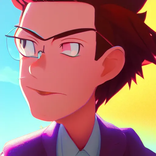 Image similar to portrait of Jimmy Neutron, farm field background, rich vivid colors, ambient lighting, dynamic lighting, 4k, HQ, official media, anime key visual, makoto shinkai, ilya kuvshinov, lois van baarle, rossdraws, detailed, trending on artstation