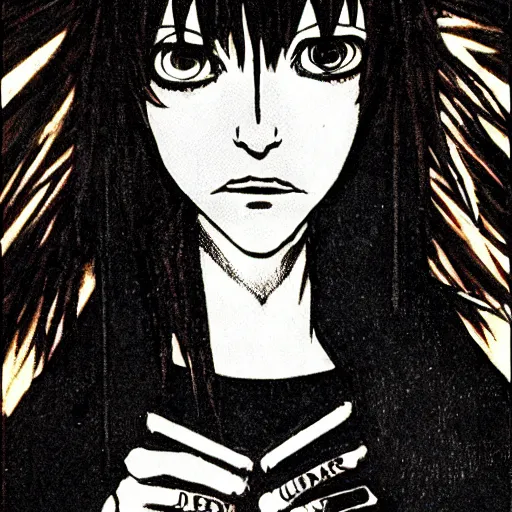 Prompt: amane misa, death note, artwork by Harry Clarke, highly detailed