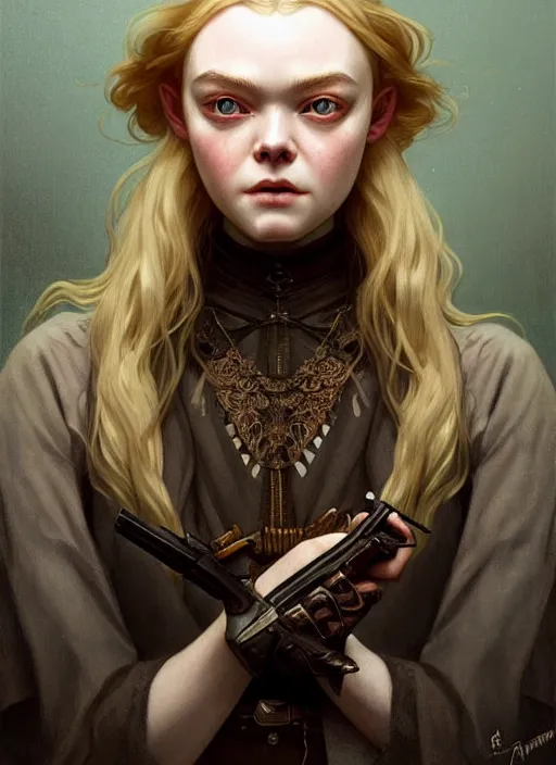 Image similar to symmetry!! portrait of elle fanning as a western outlaw, horror, fashion, dark!! intricate, elegant, highly detailed, digital painting, artstation, concept art, smooth, sharp focus, illustration, art by artgerm and greg rutkowski and alphonse mucha