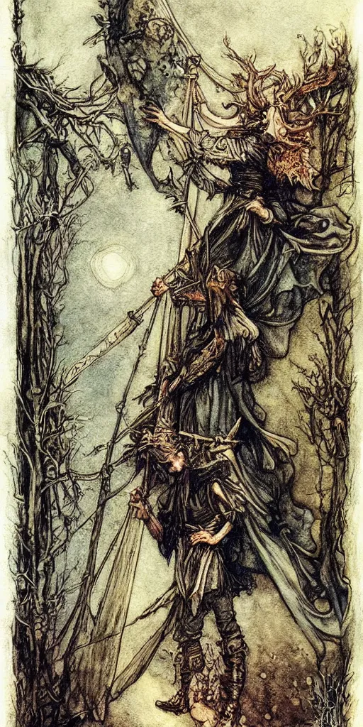 Prompt: tarot card detailed painting, illustration, colorful, tarot card ornate framing with roman numerals, in style of Arthur Rackham, Jakub Różalski