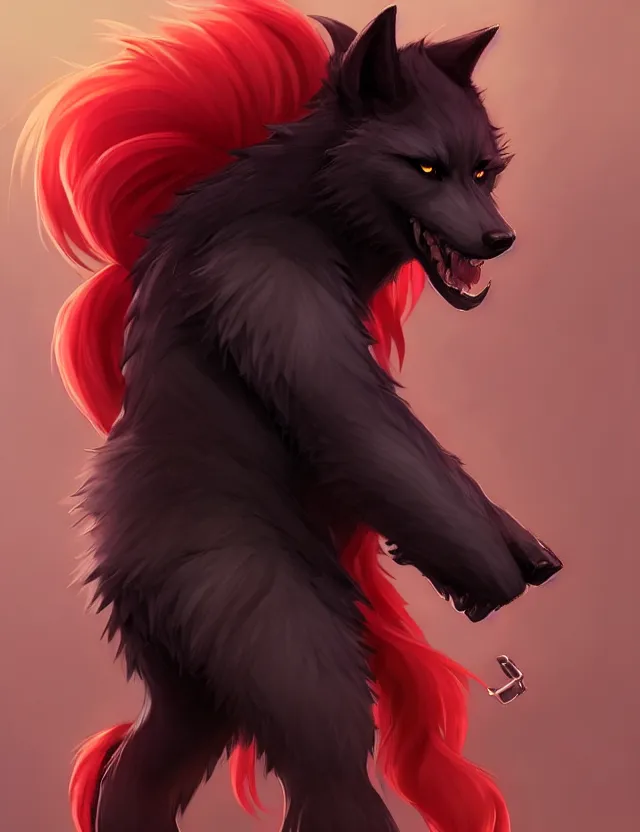 Image similar to character concept art of a black anthropomorphic male furry wolf long red hair | | cute - fine - face, pretty face, key visual, realistic shaded perfect face, fine details by stanley artgerm lau, wlop, rossdraws, james jean, andrei riabovitchev, marc simonetti, and sakimichan, trending on artstation