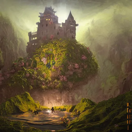 Image similar to dozens of hived hexagonal frog kappa bee necromancers in the castle keep glorious cliff moat with the crescent moon rippling above. Craig Mullins, Dylan Cole, Liang Mark, Darek Zabrocki, Finnian MacManus, Sung Choi, Ruan jia, Albert Bierstadt Greg Rutkowski, Cinematic Keyframe Environmental & Architectural Design Concept Art, Trending on ArtStation