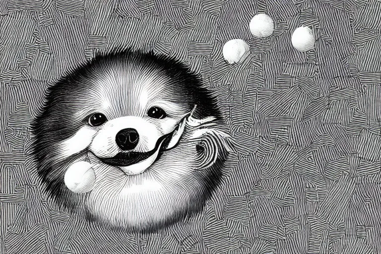 Prompt: pomeranian with a tennis ball in its mouth with math symbols flying in the air, black and white, botanical illustration, black ink on white paper, bold lines