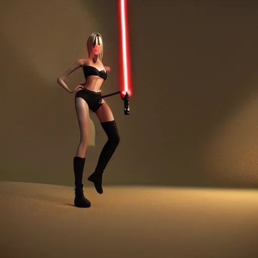 Prompt: highly detailedf figurine, beautiful young woman, slim waist, big bumm, heavy chest, with a light saber, martial art pose, octane render, bikini, volumetric lights, dramatic, highly detailed, messy, hair, in the desert