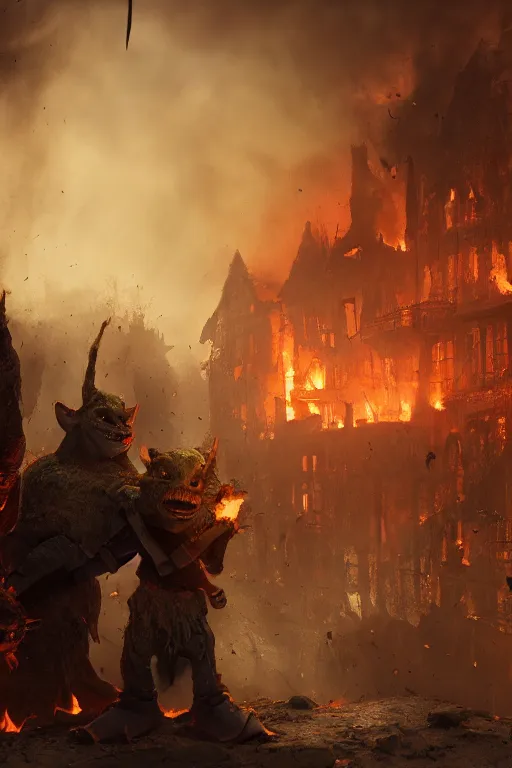 Prompt: Goblins burning down an orphanage, dramatic lighting, cinematic, establishing shot, extremely high detail, foto realistic, cinematic lighting, post processed, concept art, high details, cinematic, 8k resolution, beautiful detailed, photorealistic, digital painting, artstation, concept art, smooth, sharp focus, artstation trending, octane render, unreal engine