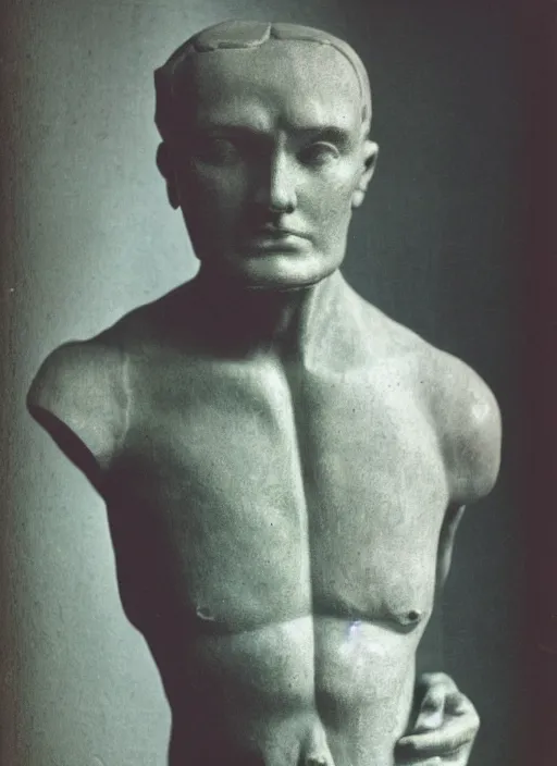 Image similar to an an android with an adult male human looking face is the thinker by auguste rodin, polaroid, flash photography, photo taken in a back storage room where you can see empty shelves in the background, 3 / 4 view portrait head chest and arms portrait of