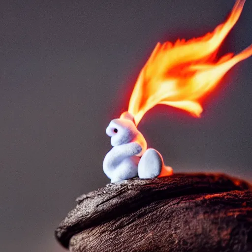 Image similar to macrophotography of a tiny dragon breathing fire onto a marshmallow. Cinematic.