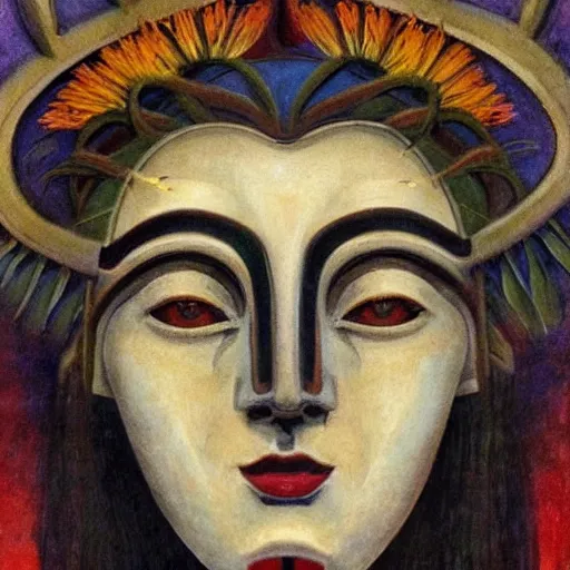 Image similar to masterpiece painting of a facemask made of stylized flowers, by annie swynnerton and jean delville and tino rodriguez and john watkiss and rufino tamayo, flower mask, art deco shaman, symbolist, dramatic lighting, god rays, elaborate geometric ornament, modern realism, clean crisp graphics, soft cool colors, smooth, sharp focus, extremely detailed