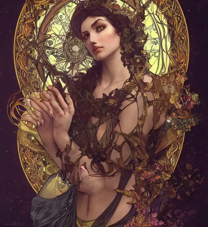 Image similar to unreal engine render + a goddess, tarot card, dark souls colour scheme, smooth, coherent, high detailed, by Karol Bak outlines by Alphonse Mucha, featured on artstation, instagram HD, unreal engine