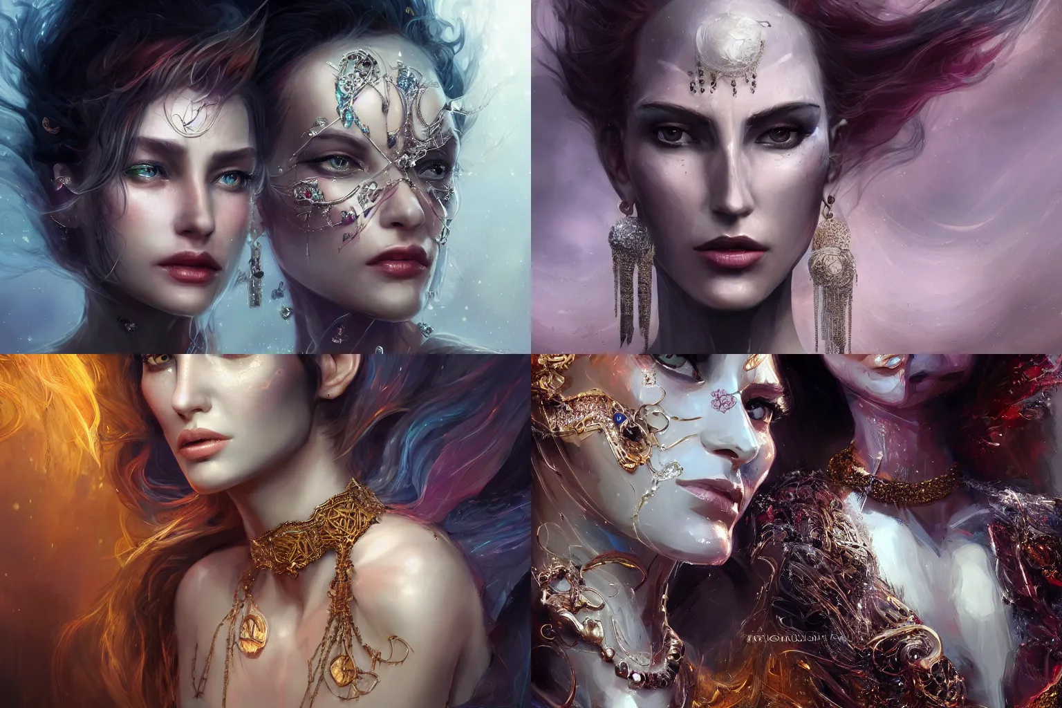 Prompt: realistic character concept, creature fantastic of jupyter with lots of jewelry in the face, elegant pose, scifi, illustration, slender symmetrical face and body, artstation, cinematic lighting, hyperdetailed, 8 k, charlie bowater, francoise nielly, insanely detailed and intricate, elegant, dark fractal background, vfx, art deco, postprocessing