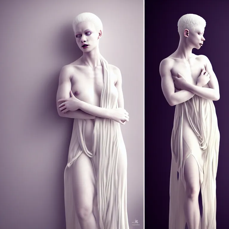 Prompt: alone with herself wonderful symmetrical beautiful albino goddess with a beautiful porcelain body dressed with a majestic semi transparent silk cream roses long dress, hightly ornate, intricate, detailed, dramatic light, award winning, octane render, meredit frampton style