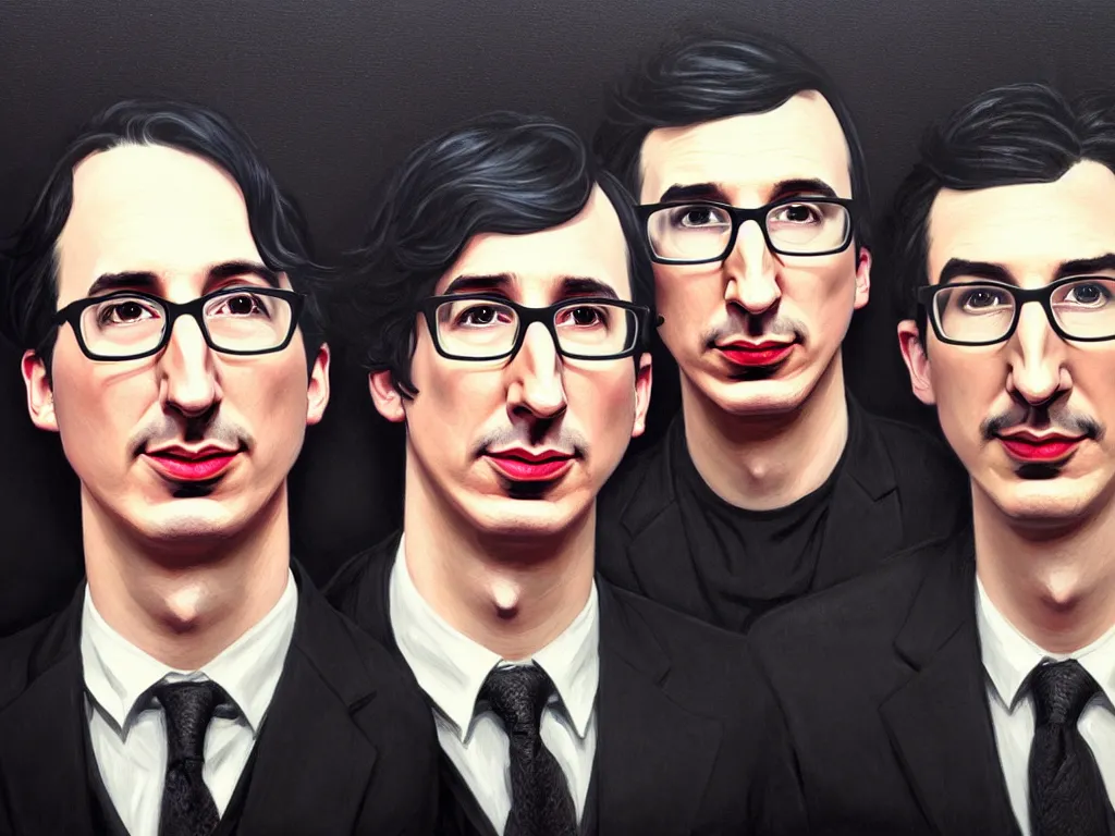 Image similar to photo booth, painting of both john oliver and adam driver together, john oliver in front, full body, elegant, beautiful, highly detailed, centered, dark, smokey, digital painting, concept art, smooth, sharp focus, illustration, deviant art, art by artgerm, art by greg rutkowski, art by alphonse mucha