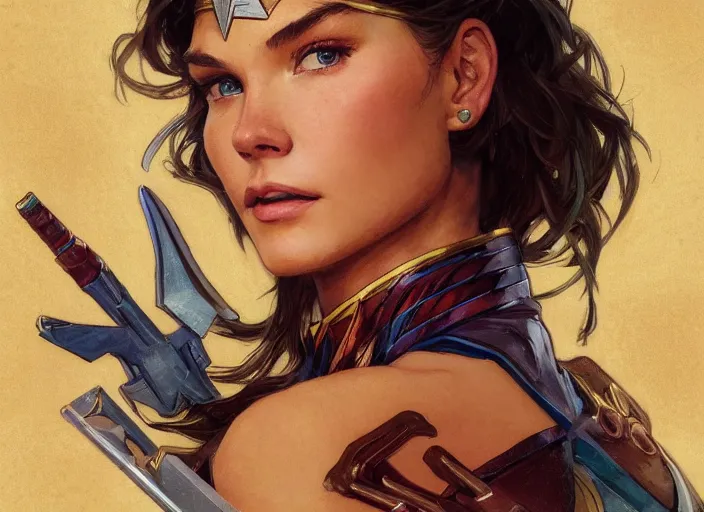 Prompt: portrait of Josie Canseco as wonder woman tv show by Stanley Artgerm Lau , greg rutkowski, thomas kindkade, alphonse mucha, loish, norman rockwell. Trending on artstation rule of thirds detailed illustration hd 4k H 896