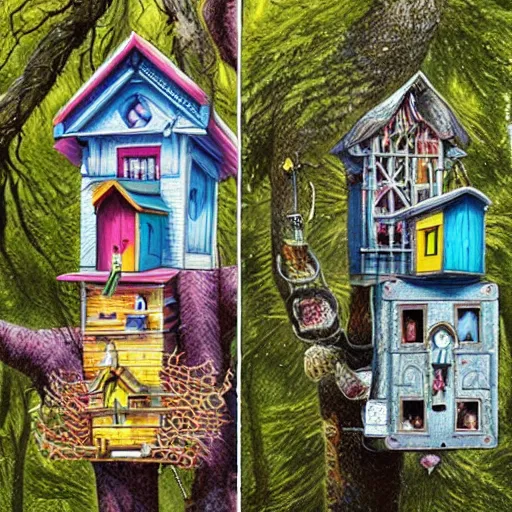 Image similar to Colorful Victorian Birdhouses by Tuomas Korpi and Alejandro Burdisio and Jacek Yerka, Hyperrealism