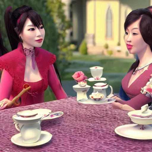 Prompt: Meilin Lee from Turning Red and Mirabel Madrigal from Encanto having a tea party, 8k, ultra realistic, highly detailed