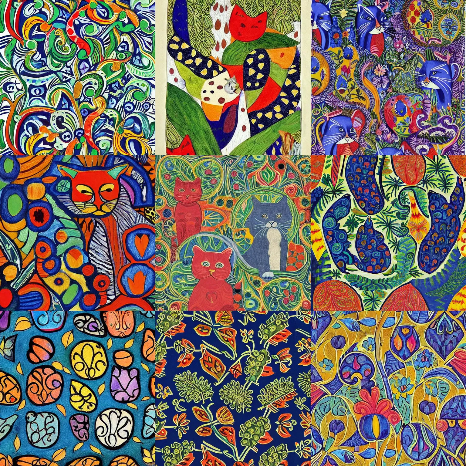 Prompt: cats and plants, painted by Laurel Burch, intricate patterns, decorated, patterned, by Raphael, by Caravaggio