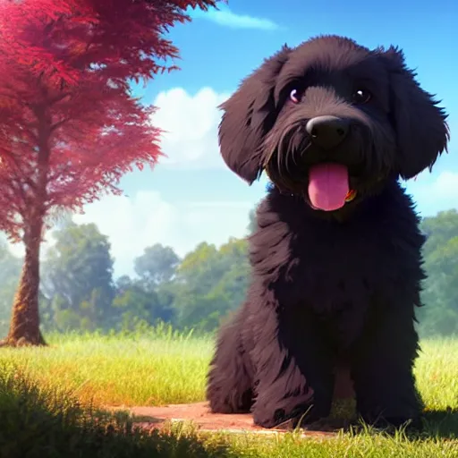 Prompt: a wholesome animation key shot of a black bernedoodle puppy, studio ghibli, sharp, rendered in unreal engine 5, anime key art by greg rutkowski, bloom, dramatic lighting