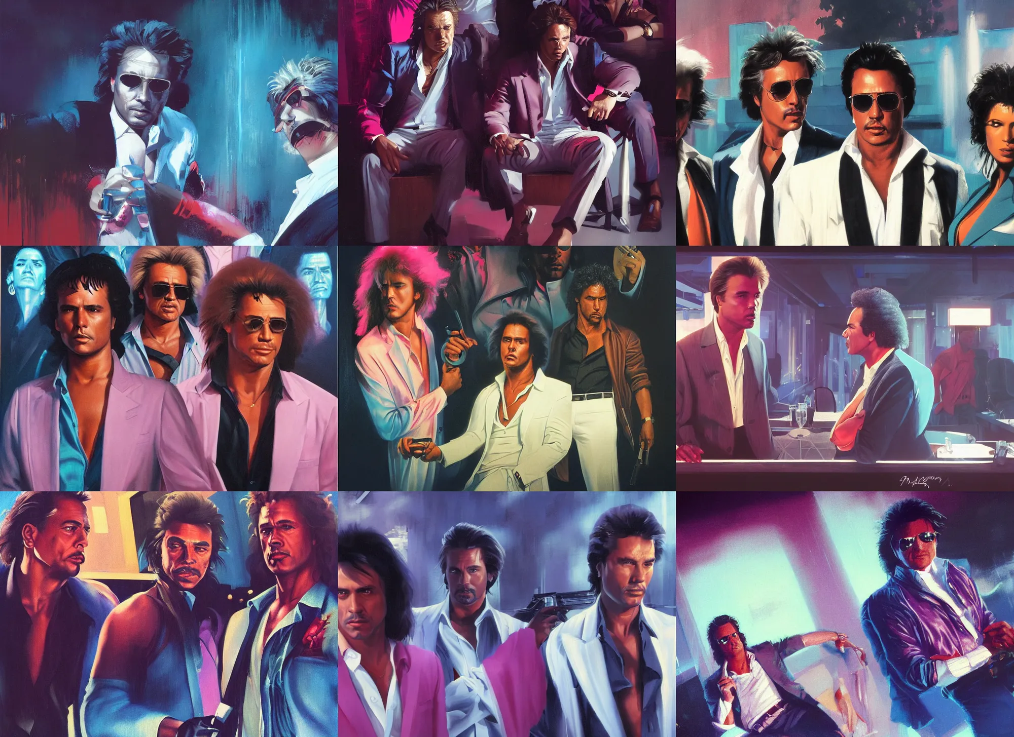 Image similar to a portrait painting of eighties miami vice, night club, don johnson and philip michael thomas, ultra realistic, highly detailed faces, true life, 8 k, masterpiece, cinematic, by frank frazetta, greg rutkowski, yoko taro, christian macnevin, beeple, wlop, krenz cushart, epic character art, volumetric lighting