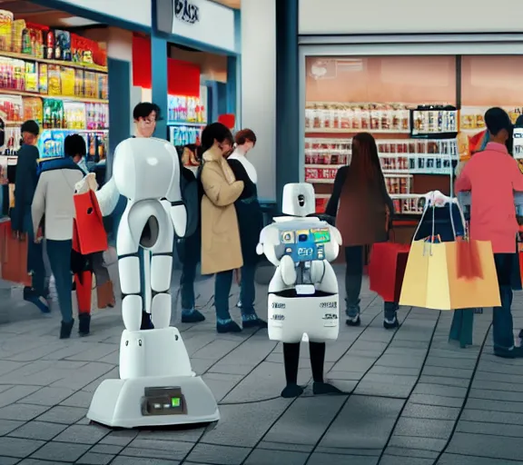 Prompt: a robot girl with a shopping bag, standing in a line to the cash register in a convenience store in warsaw ; photorealistic, near future, slice of life scene, digital art