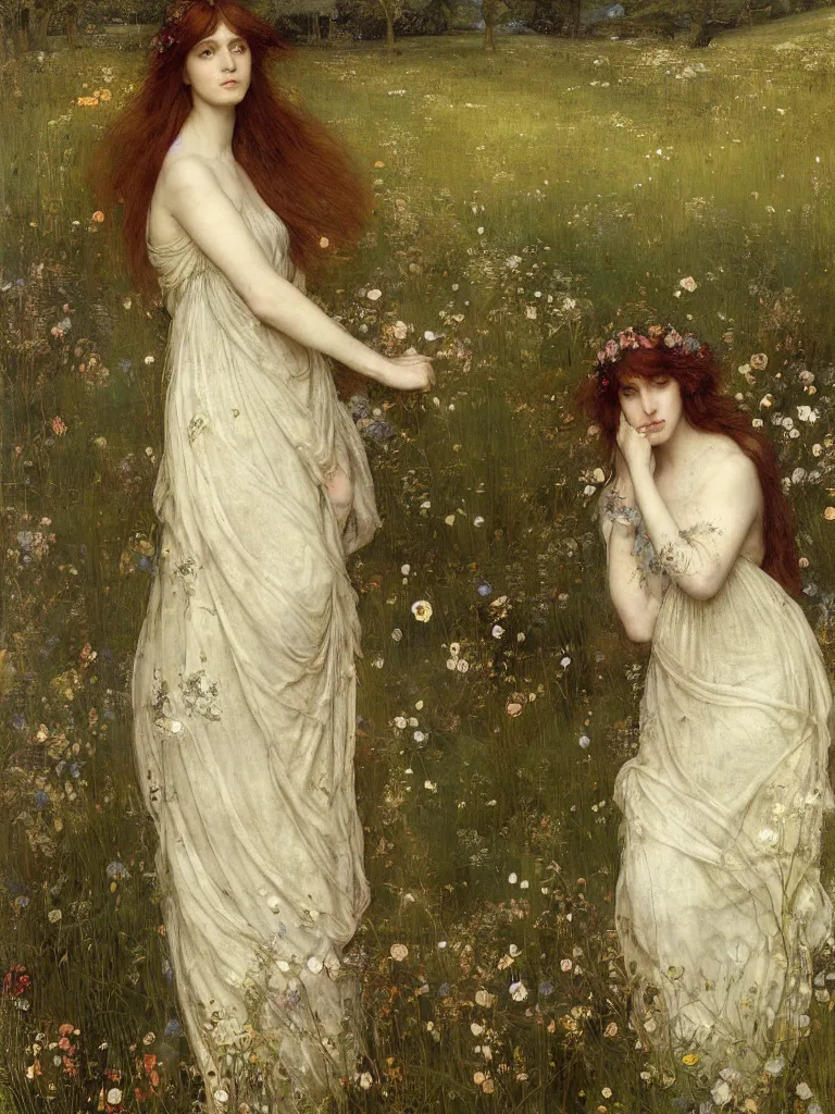 Prompt: beautiful pre - raphaelite woman, flower halo, flowing gown with empire waist in a wildflower meadow, floating leaves, fairys and flower petals in background, painterly, briar patch, thorns, dreamy, painted by jeremy mann, edward burne - jones, and john everett millais, alma tadema, ethereal, stunning, god rays, detailed