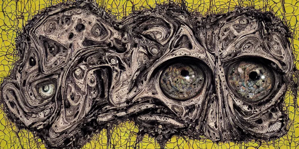 Image similar to camo of eyes, technical, acrylic, teeth, eerie, tribal, clay, dots, lines, stipple, points, grid, cybernetic, old painting, francis bacon, swirly eyes, hypnosis, eerie, sharp